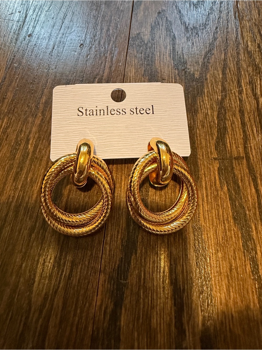 Gold Double-Ring Drop Earrings — Women Jewelry - Picture 2 of 4